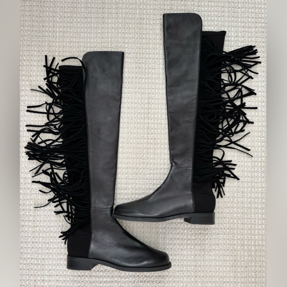 Stuart Weitzman Mane 5050 OTK Black Leather Boots NWOT Western Inspired Fringe 7